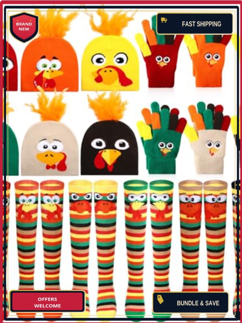 Thanksgiving Turkey Trot Costume Set Knitted Beanie Gloves Socks 6 Pack